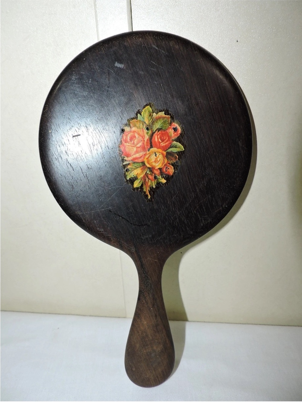 Vintage Hand Mirror Vanity Mirror 10 1/2 inches Real Ebony Beveled w/ roses